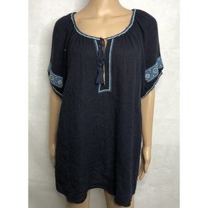 J Crew Blouse Women’s Size M Medium Top Short Sleeve Embroidered Navy Blue Boho